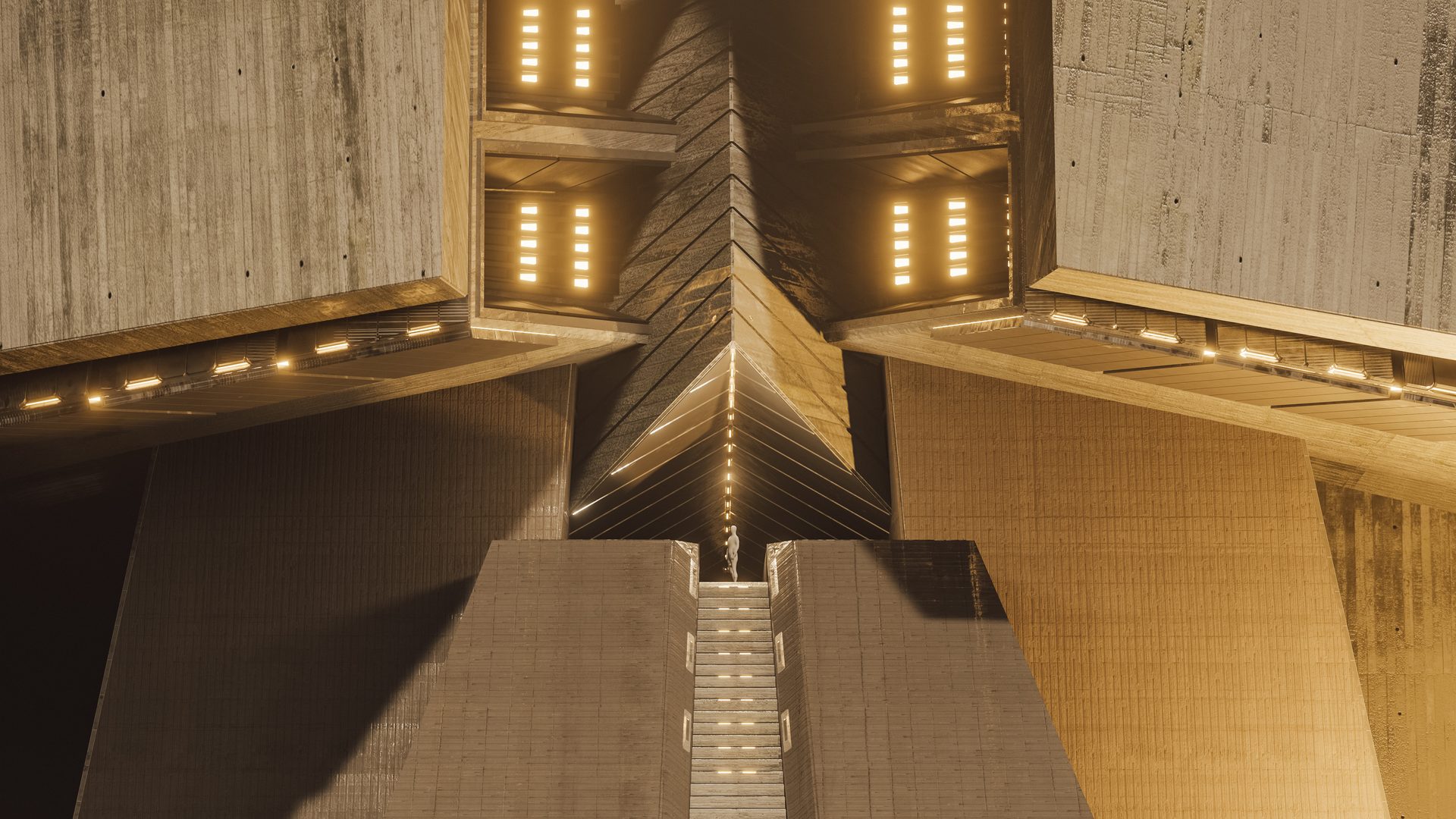 Symmetrical golden entrance with stepped concrete masses