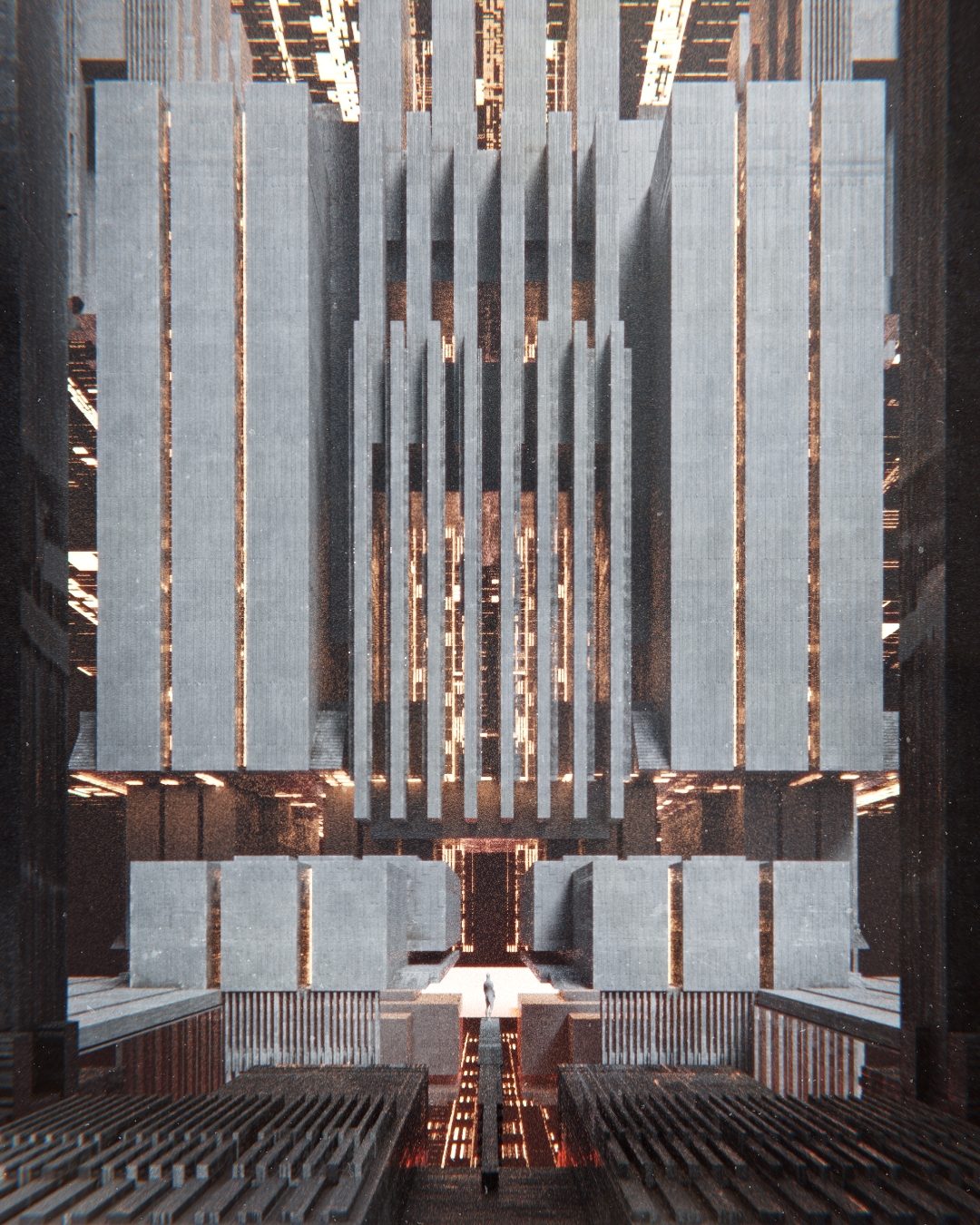 Monumental brutalist hall with fluted concrete towers