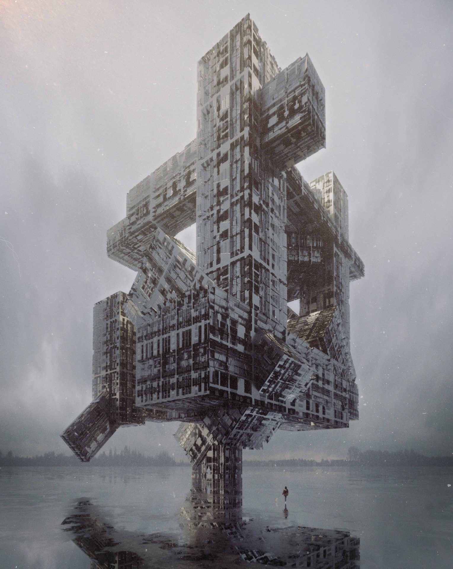 Interlocking megastructure tower rising from still water