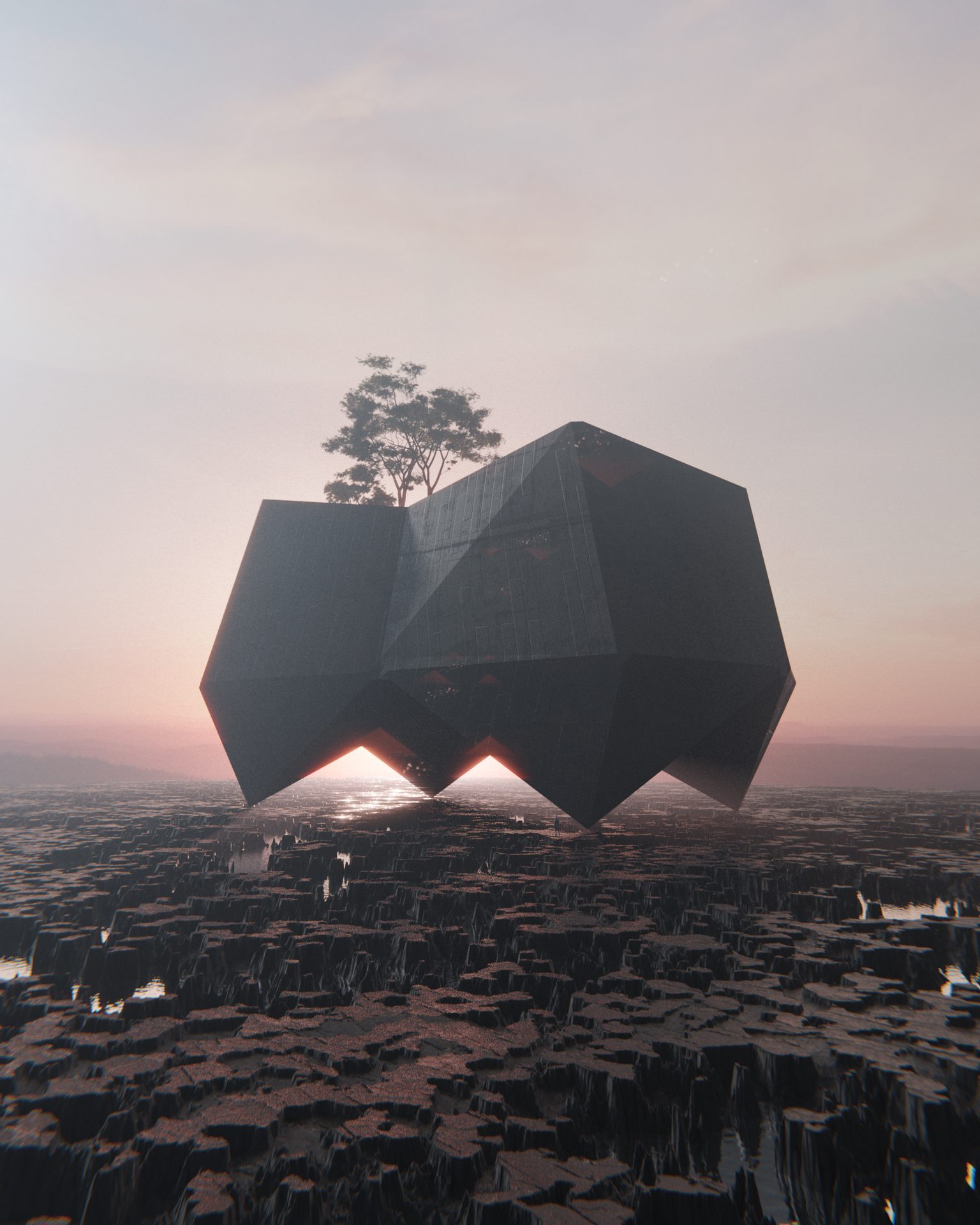 Faceted black monolith with a tree at dusk