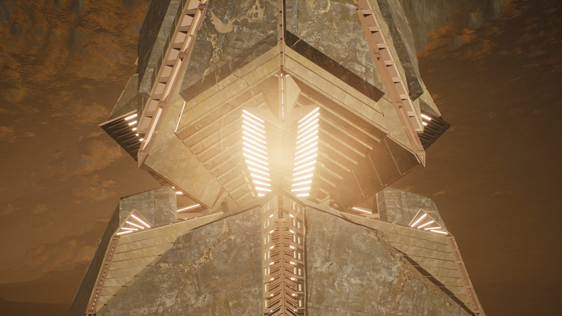 Stone pyramid structure with glowing amber core