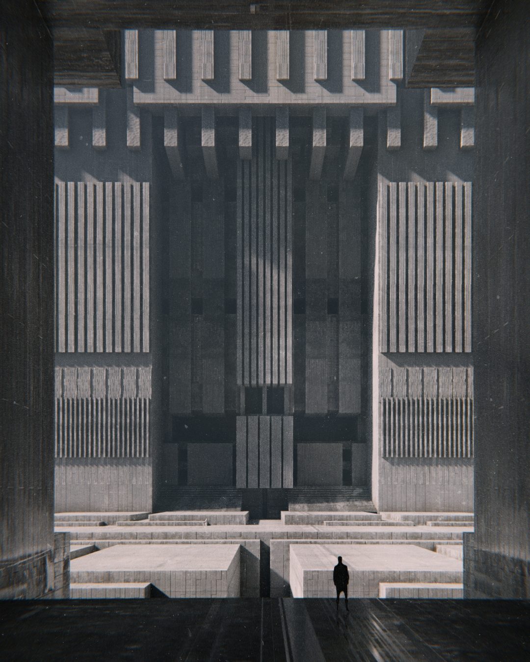 Lone figure before a monumental concrete threshold